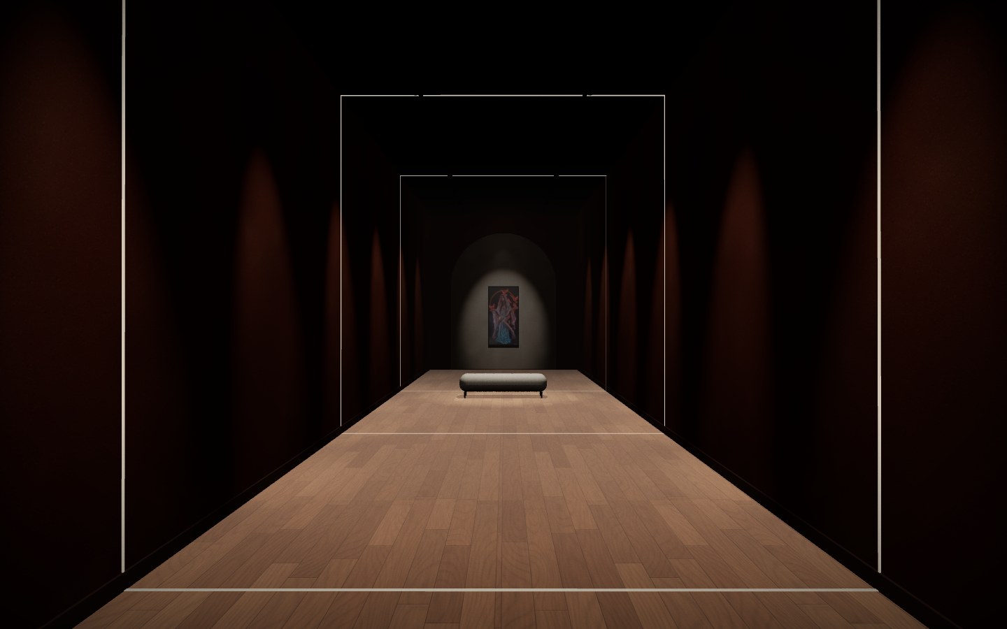 L'entrée de la galerie : un long couloir terracotta, une banquette en fourrure et, tout au fond, Holy Mary sous le projecteur